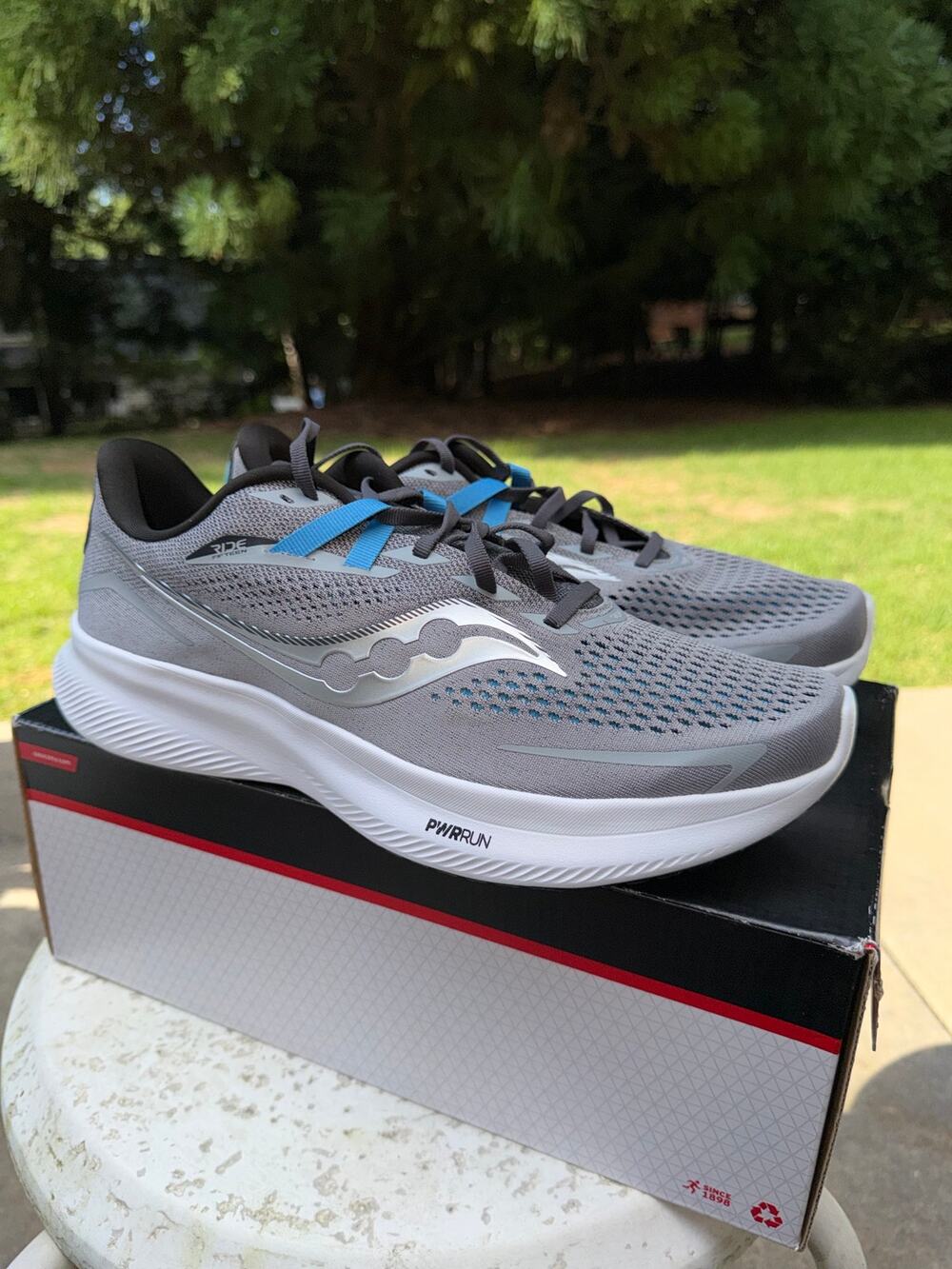 NEW Saucony Ride 15 Men’s 12.5 Running Shoes Gray Blue PWRRUN Road Runner